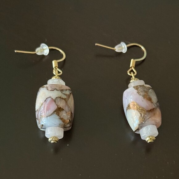 Kingman Pink Opal and Bronze with Rose Quartz Pierced Barrel Earrings - Picture 4 of 5